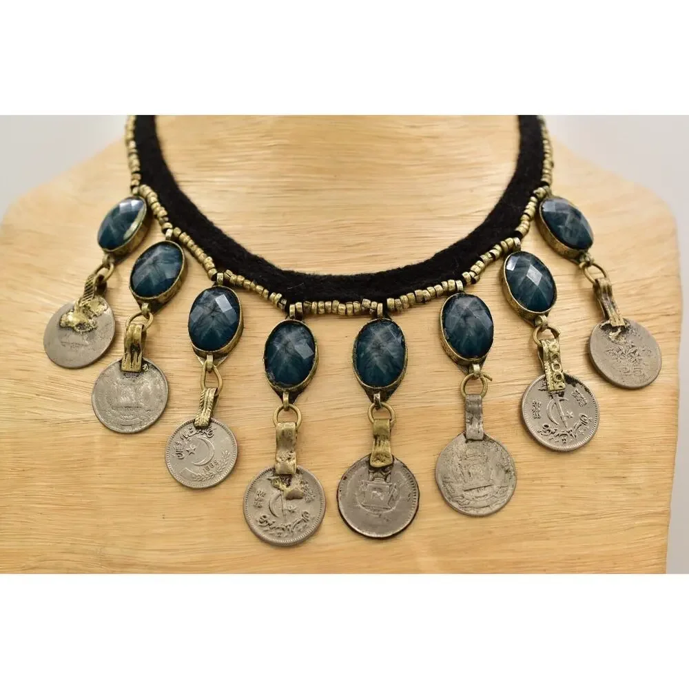 Vintage Coin Dangle Necklace Collar Bib Blue Crystal Black Fabric Silver BinBJ